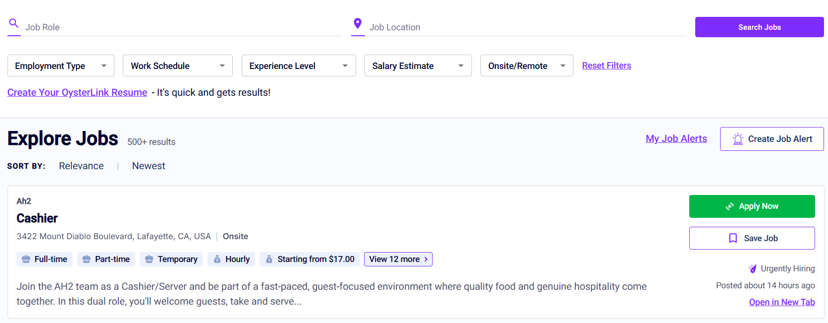 screenshot of the OysterLink jobs page